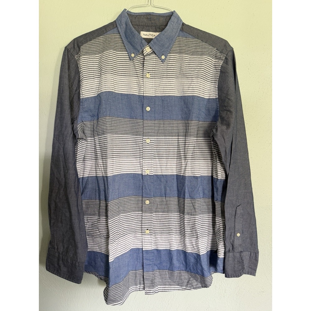 Nautica long-sleeve button-up collared shirt striped chambray sleeves Sz L